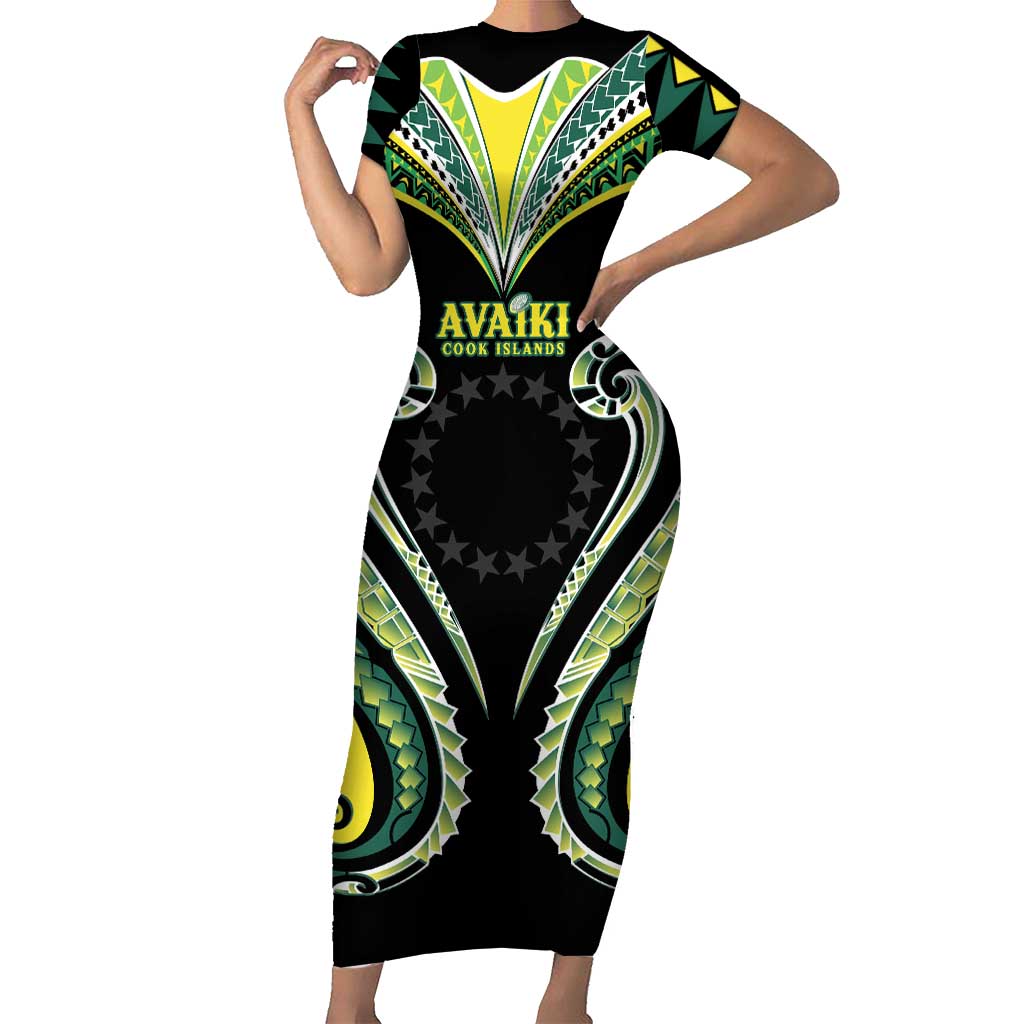Custom Rugby Cook Islands Avaiki Family Matching Short Sleeve Bodycon Dress and Hawaiian Shirt Black Kuki Airani Tribal Maori Inspired LT9 Mom's Dress Black - Polynesian Pride