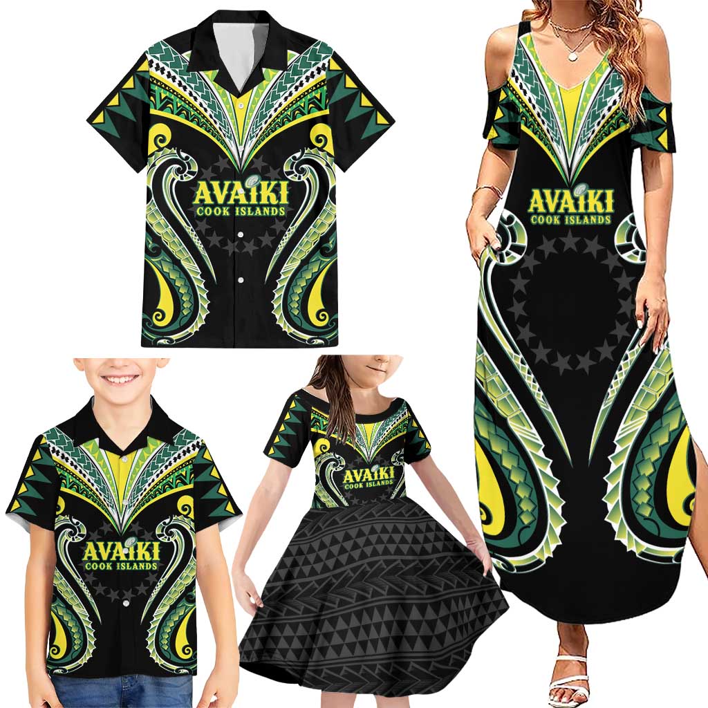 Custom Rugby Cook Islands Avaiki Family Matching Summer Maxi Dress and Hawaiian Shirt Black Kuki Airani Tribal Maori Inspired LT9 - Polynesian Pride