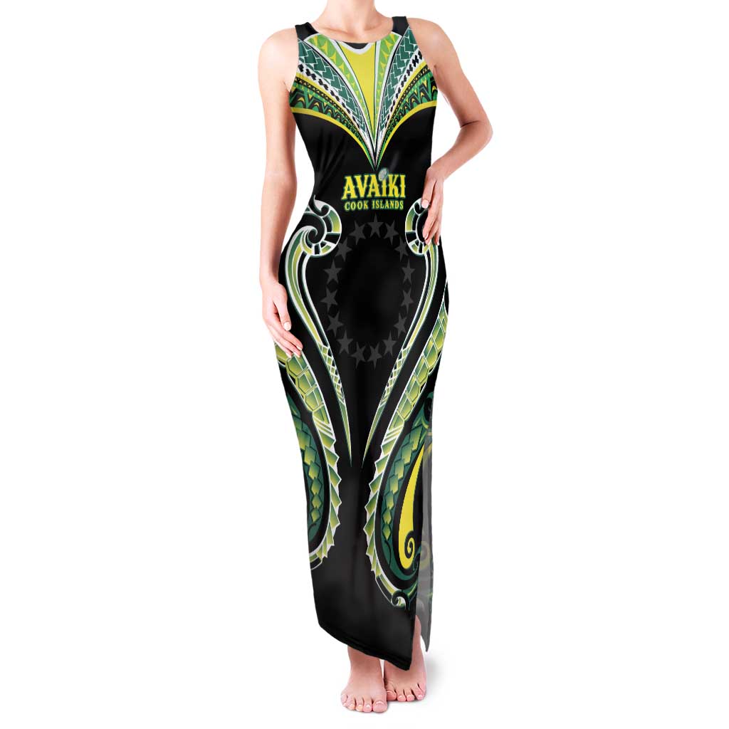 Custom Rugby Cook Islands Avaiki Family Matching Tank Maxi Dress and Hawaiian Shirt Black Kuki Airani Tribal Maori Inspired LT9 Mom's Dress Black - Polynesian Pride