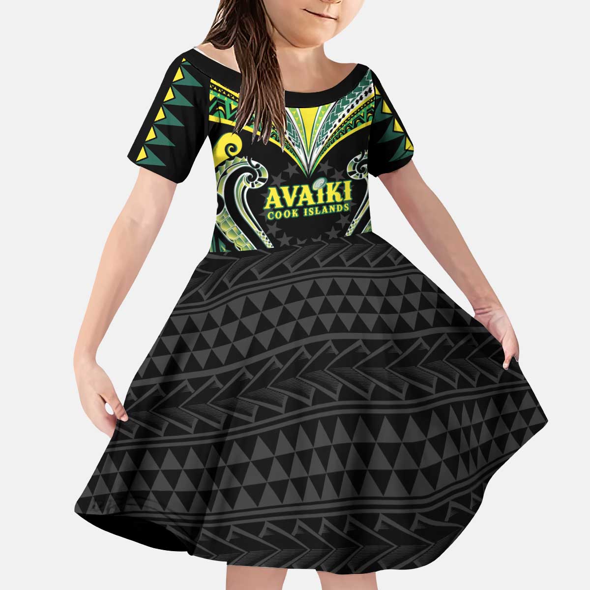 Custom Rugby Cook Islands Avaiki Kid Short Sleeve Dress Black Kuki Airani Tribal Maori Inspired - Polynesian Pride