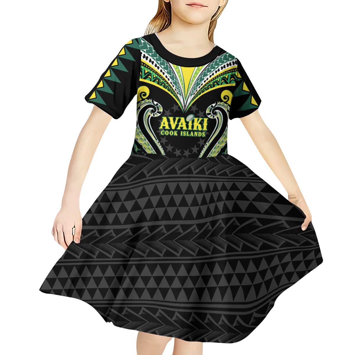 Custom Rugby Cook Islands Avaiki Kid Short Sleeve Dress Black Kuki Airani Tribal Maori Inspired - Polynesian Pride