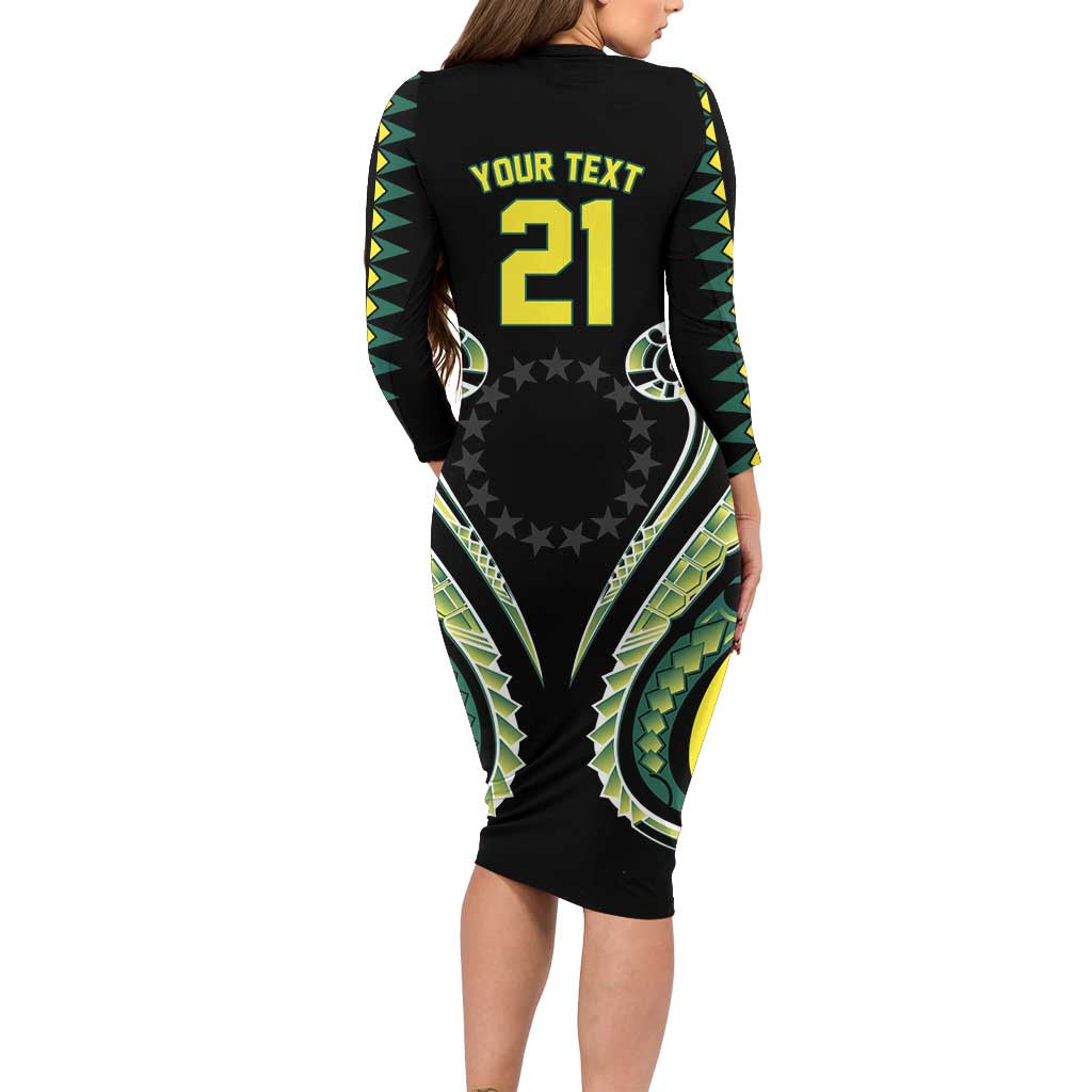 Custom Rugby Cook Islands Avaiki Long Sleeve Bodycon Dress Black Kuki Airani Tribal Maori Inspired - Polynesian Pride
