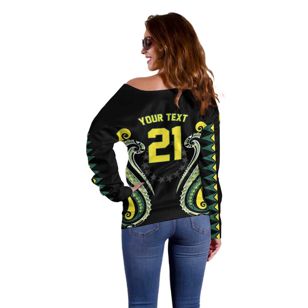 Custom Rugby Cook Islands Avaiki Off Shoulder Sweater Black Kuki Airani Tribal Maori Inspired - Polynesian Pride