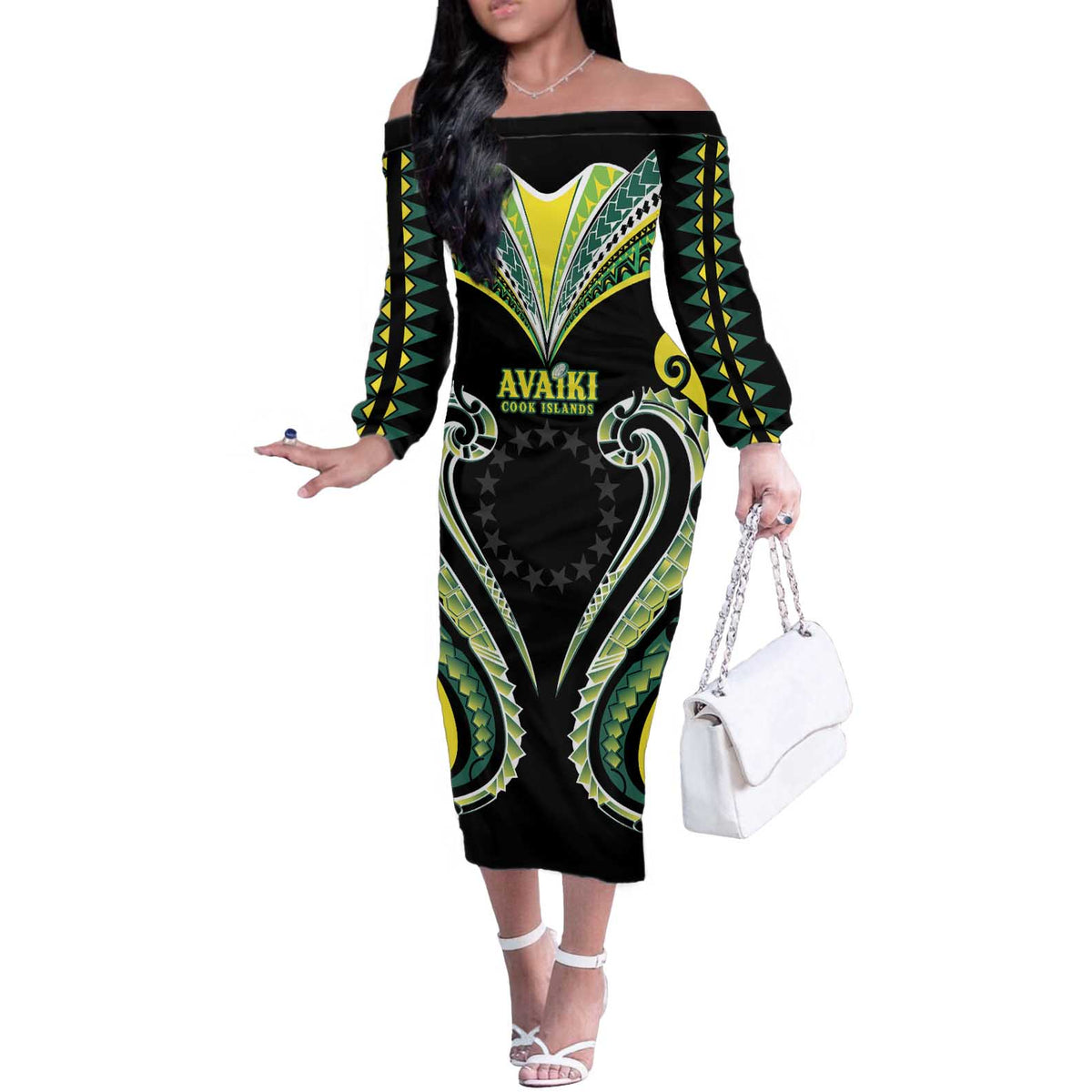 Custom Rugby Cook Islands Avaiki Off The Shoulder Long Sleeve Dress Black Kuki Airani Tribal Maori Inspired LT9 Women Black - Polynesian Pride