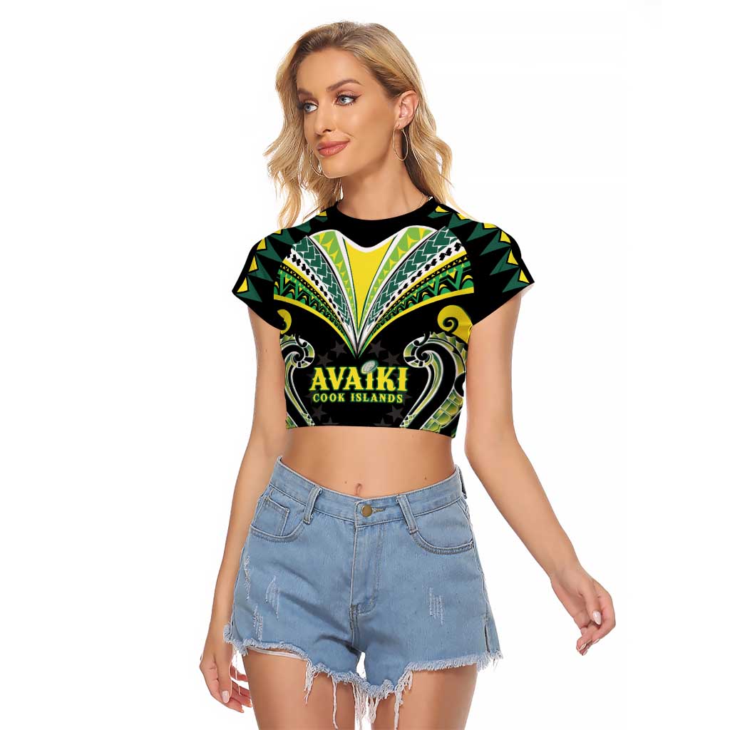 Custom Rugby Cook Islands Avaiki Raglan Cropped T Shirt Black Kuki Airani Tribal Maori Inspired - Polynesian Pride