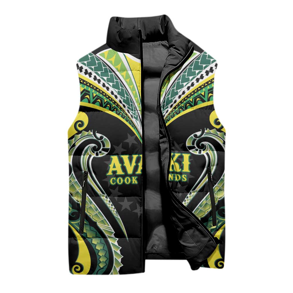 Custom Rugby Cook Islands Avaiki Sleeveless Puffer Jacket Black Kuki Airani Tribal Maori Inspired - Polynesian Pride