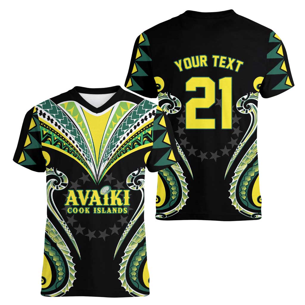Custom Rugby Cook Islands Avaiki Women V-Neck T-Shirt Black Kuki Airani Tribal Maori Inspired LT9 - Polynesian Pride