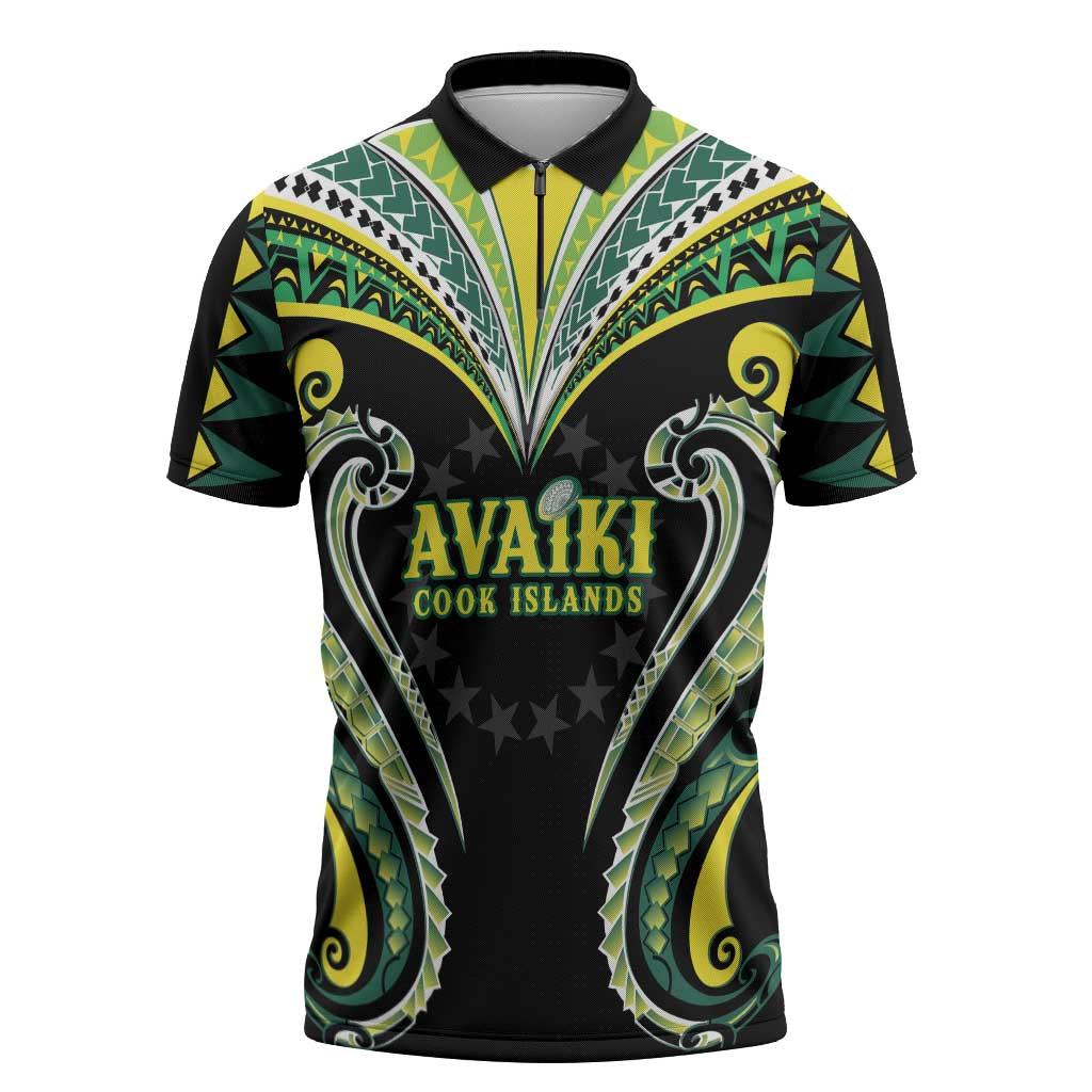 Custom Rugby Cook Islands Avaiki Zipper Polo Shirt Black Kuki Airani Tribal Maori Inspired - Polynesian Pride