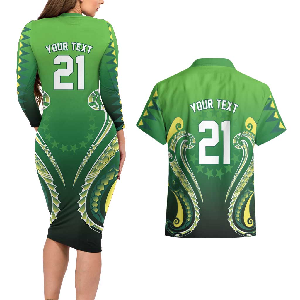 Custom Rugby Cook Islands Avaiki Couples Matching Long Sleeve Bodycon Dress and Hawaiian Shirt Green Kuki Airani Tribal Maori Inspired LT9 - Polynesian Pride