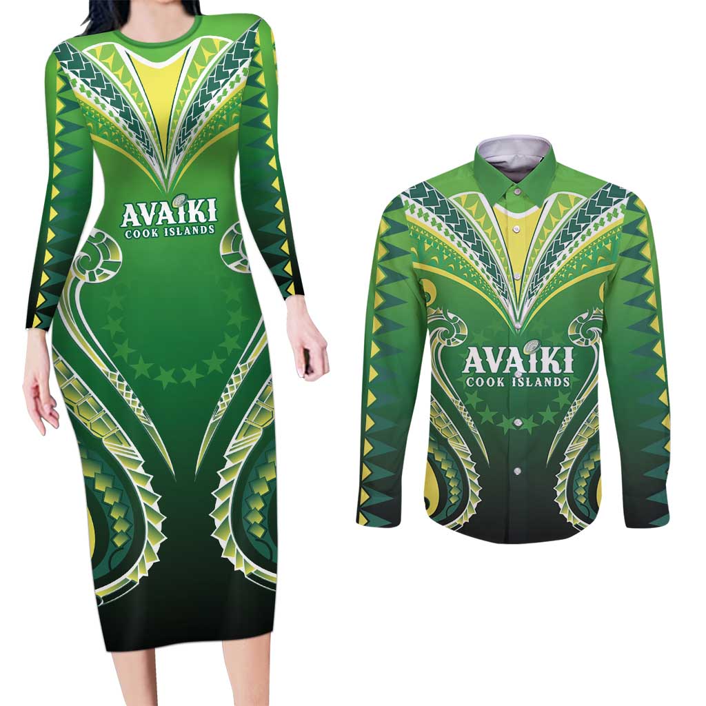 Custom Rugby Cook Islands Avaiki Couples Matching Long Sleeve Bodycon Dress and Long Sleeve Button Shirt Green Kuki Airani Tribal Maori Inspired LT9 Green - Polynesian Pride