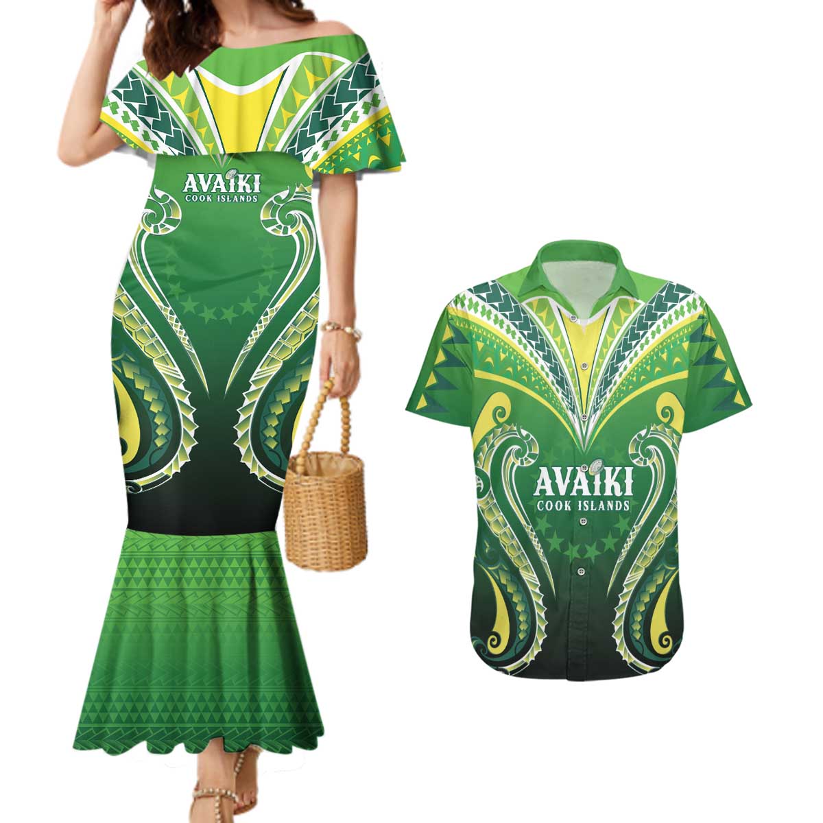 Custom Rugby Cook Islands Avaiki Couples Matching Mermaid Dress and Hawaiian Shirt Green Kuki Airani Tribal Maori Inspired LT9 Green - Polynesian Pride