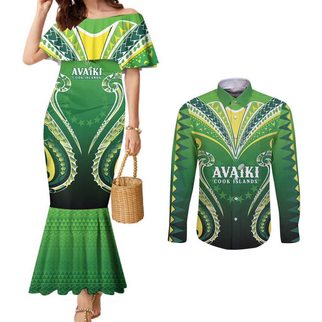 Custom Rugby Cook Islands Avaiki Couples Matching Mermaid Dress and Long Sleeve Button Shirt Green Kuki Airani Tribal Maori Inspired LT9 Green - Polynesian Pride