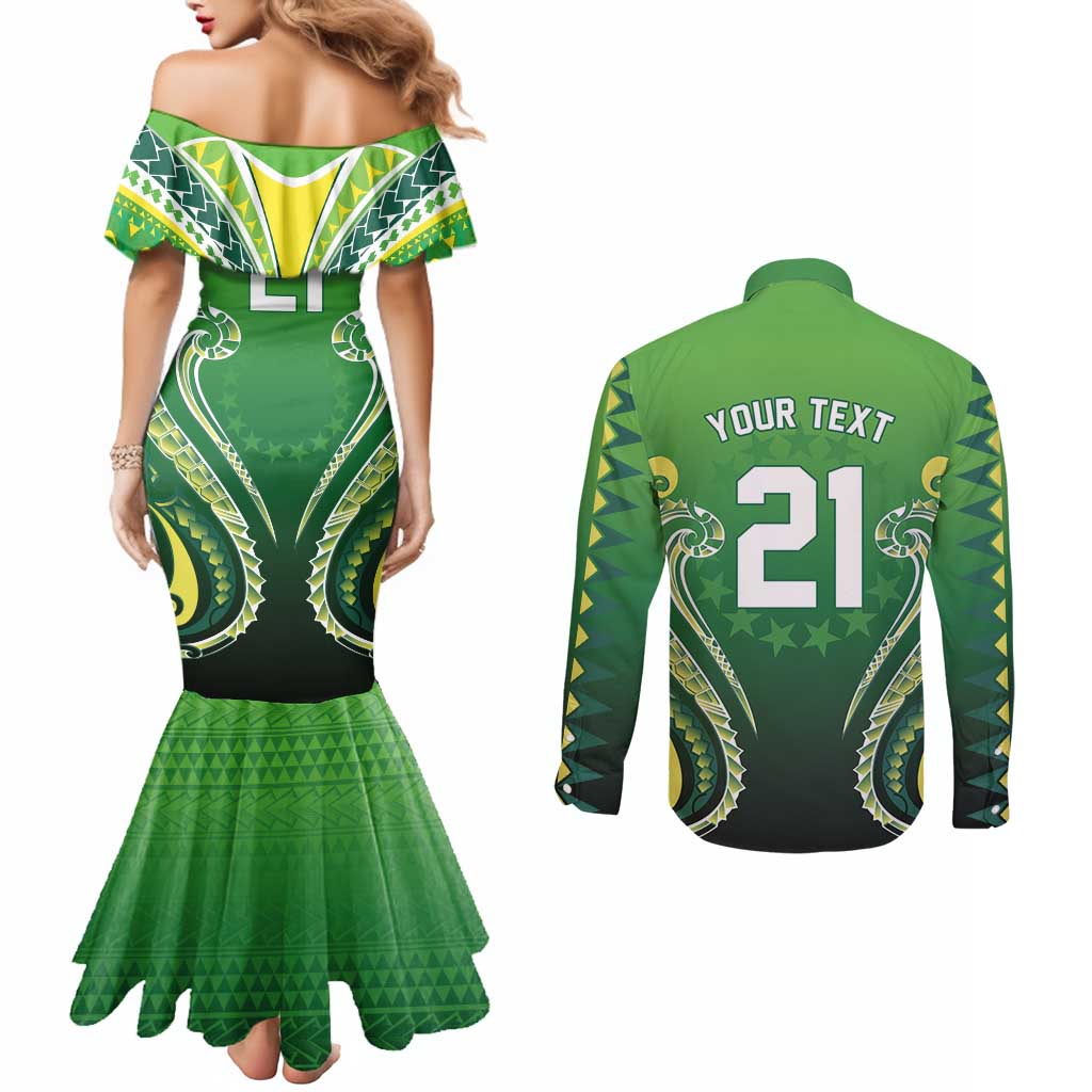 Custom Rugby Cook Islands Avaiki Couples Matching Mermaid Dress and Long Sleeve Button Shirt Green Kuki Airani Tribal Maori Inspired LT9 - Polynesian Pride