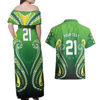 Custom Rugby Cook Islands Avaiki Couples Matching Off Shoulder Maxi Dress and Hawaiian Shirt Green Kuki Airani Tribal Maori Inspired LT9 - Polynesian Pride