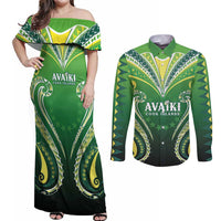 Custom Rugby Cook Islands Avaiki Couples Matching Off Shoulder Maxi Dress and Long Sleeve Button Shirt Green Kuki Airani Tribal Maori Inspired LT9 Green - Polynesian Pride
