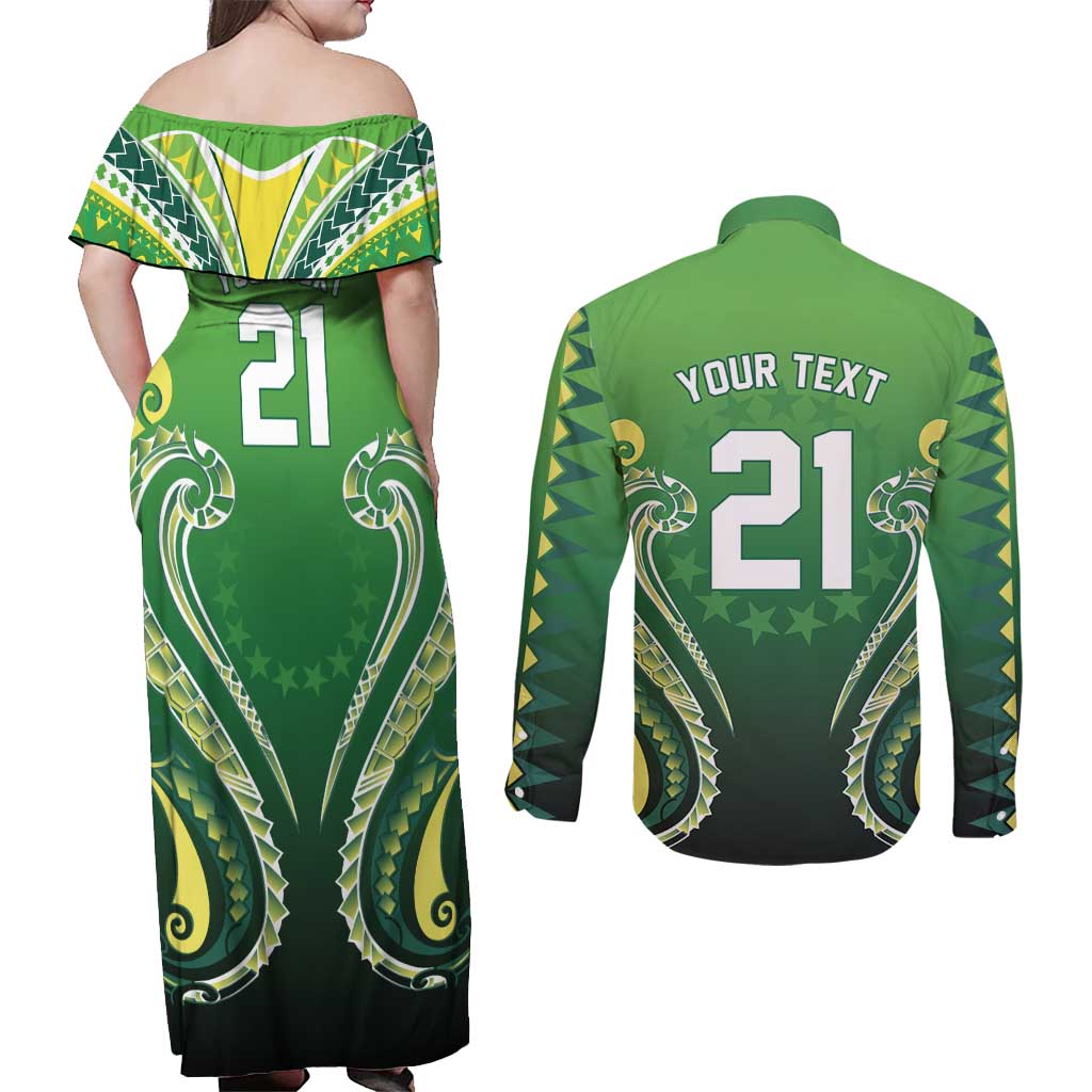 Custom Rugby Cook Islands Avaiki Couples Matching Off Shoulder Maxi Dress and Long Sleeve Button Shirt Green Kuki Airani Tribal Maori Inspired LT9 - Polynesian Pride