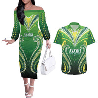 Custom Rugby Cook Islands Avaiki Couples Matching Off The Shoulder Long Sleeve Dress and Hawaiian Shirt Green Kuki Airani Tribal Maori Inspired LT9 Green - Polynesian Pride