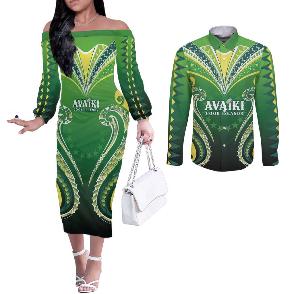 Custom Rugby Cook Islands Avaiki Couples Matching Off The Shoulder Long Sleeve Dress and Long Sleeve Button Shirt Green Kuki Airani Tribal Maori Inspired LT9 Green - Polynesian Pride