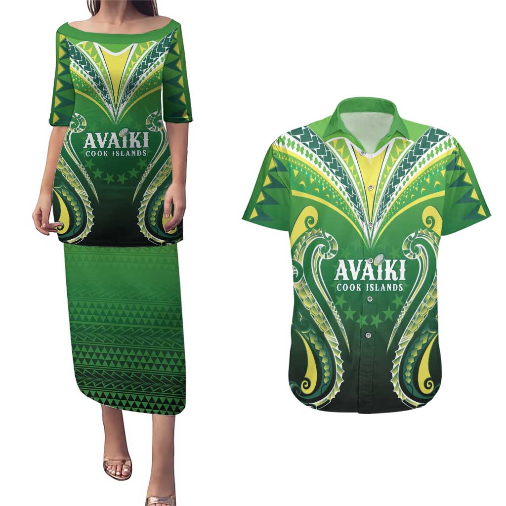 Custom Rugby Cook Islands Avaiki Couples Matching Puletasi and Hawaiian Shirt Green Kuki Airani Tribal Maori Inspired LT9 Green - Polynesian Pride