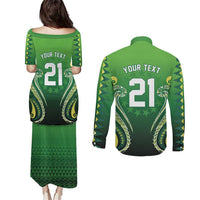 Custom Rugby Cook Islands Avaiki Couples Matching Puletasi and Long Sleeve Button Shirt Green Kuki Airani Tribal Maori Inspired LT9 - Polynesian Pride