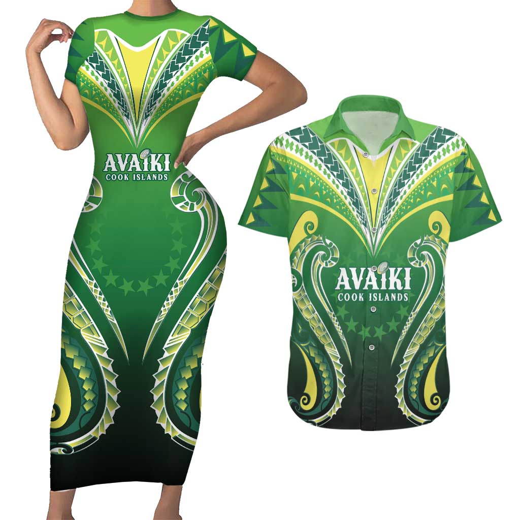 Custom Rugby Cook Islands Avaiki Couples Matching Short Sleeve Bodycon Dress and Hawaiian Shirt Green Kuki Airani Tribal Maori Inspired LT9 Green - Polynesian Pride