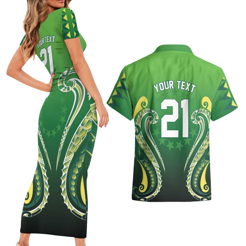 Custom Rugby Cook Islands Avaiki Couples Matching Short Sleeve Bodycon Dress and Hawaiian Shirt Green Kuki Airani Tribal Maori Inspired LT9 - Polynesian Pride
