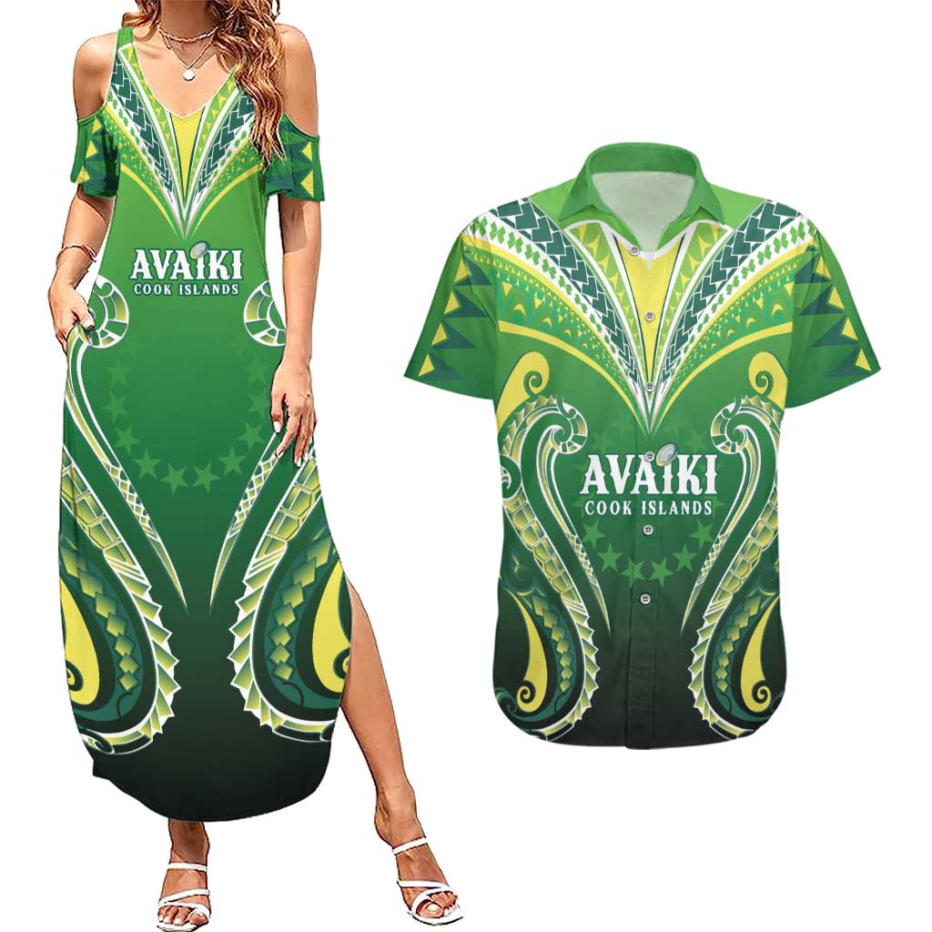 Custom Rugby Cook Islands Avaiki Couples Matching Summer Maxi Dress and Hawaiian Shirt Green Kuki Airani Tribal Maori Inspired - Polynesian Pride