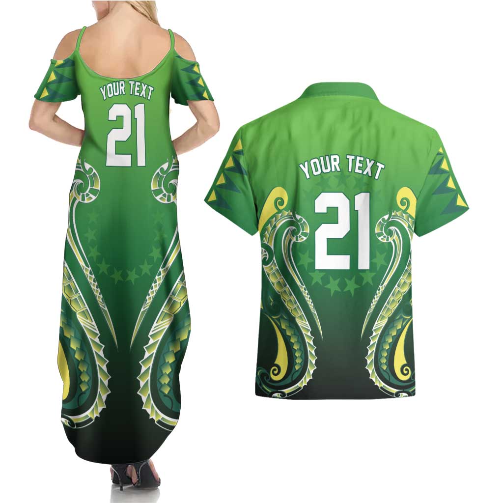 Custom Rugby Cook Islands Avaiki Couples Matching Summer Maxi Dress and Hawaiian Shirt Green Kuki Airani Tribal Maori Inspired LT9 - Polynesian Pride