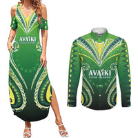 Custom Rugby Cook Islands Avaiki Couples Matching Summer Maxi Dress and Long Sleeve Button Shirt Green Kuki Airani Tribal Maori Inspired LT9 Green - Polynesian Pride