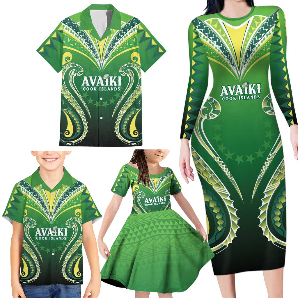 Custom Rugby Cook Islands Avaiki Family Matching Long Sleeve Bodycon Dress and Hawaiian Shirt Green Kuki Airani Tribal Maori Inspired LT9 - Polynesian Pride