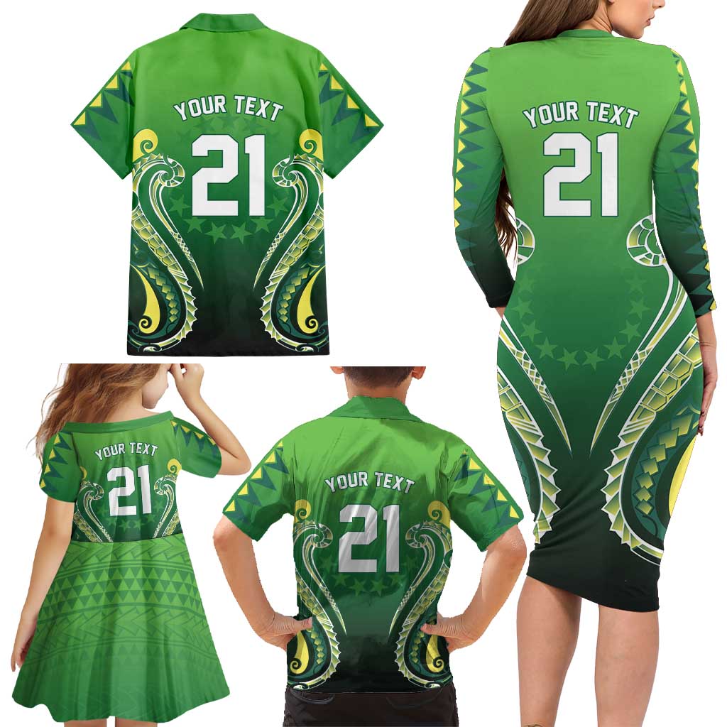 Custom Rugby Cook Islands Avaiki Family Matching Long Sleeve Bodycon Dress and Hawaiian Shirt Green Kuki Airani Tribal Maori Inspired LT9 - Polynesian Pride