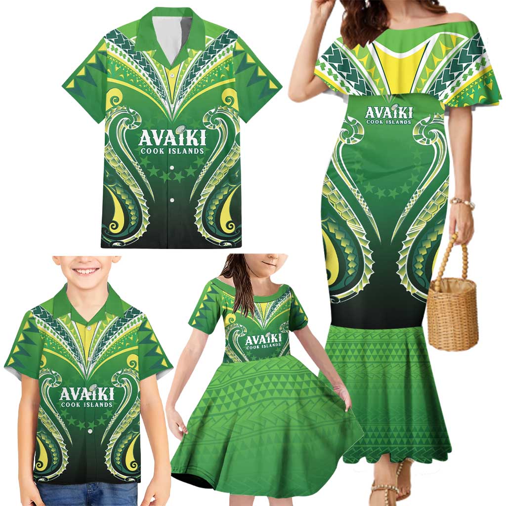 Custom Rugby Cook Islands Avaiki Family Matching Mermaid Dress and Hawaiian Shirt Green Kuki Airani Tribal Maori Inspired - Polynesian Pride