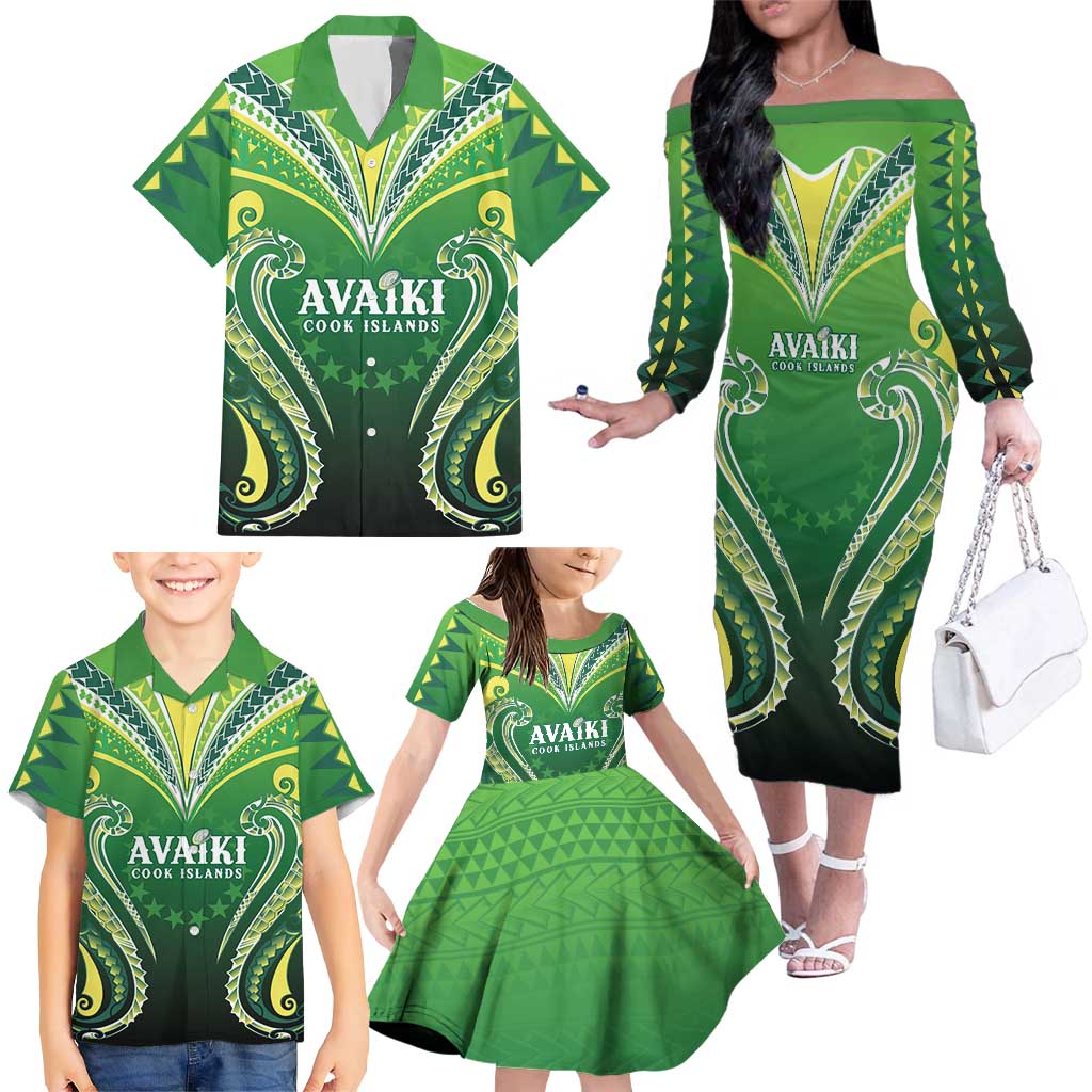 Custom Rugby Cook Islands Avaiki Family Matching Off The Shoulder Long Sleeve Dress and Hawaiian Shirt Green Kuki Airani Tribal Maori Inspired LT9 - Polynesian Pride