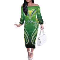 Custom Rugby Cook Islands Avaiki Family Matching Off The Shoulder Long Sleeve Dress and Hawaiian Shirt Green Kuki Airani Tribal Maori Inspired LT9 Mom's Dress Green - Polynesian Pride