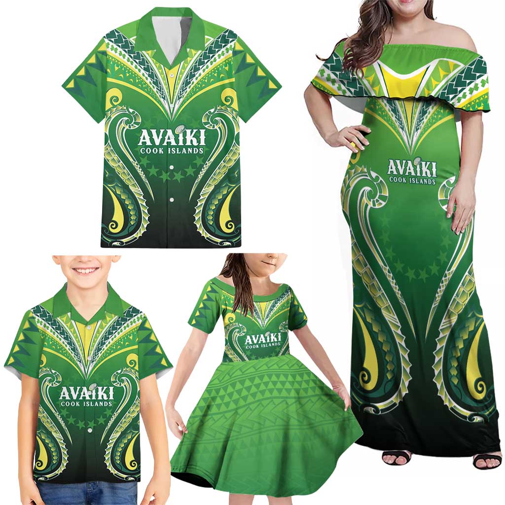 Custom Rugby Cook Islands Avaiki Family Matching Off Shoulder Maxi Dress and Hawaiian Shirt Green Kuki Airani Tribal Maori Inspired LT9 - Polynesian Pride