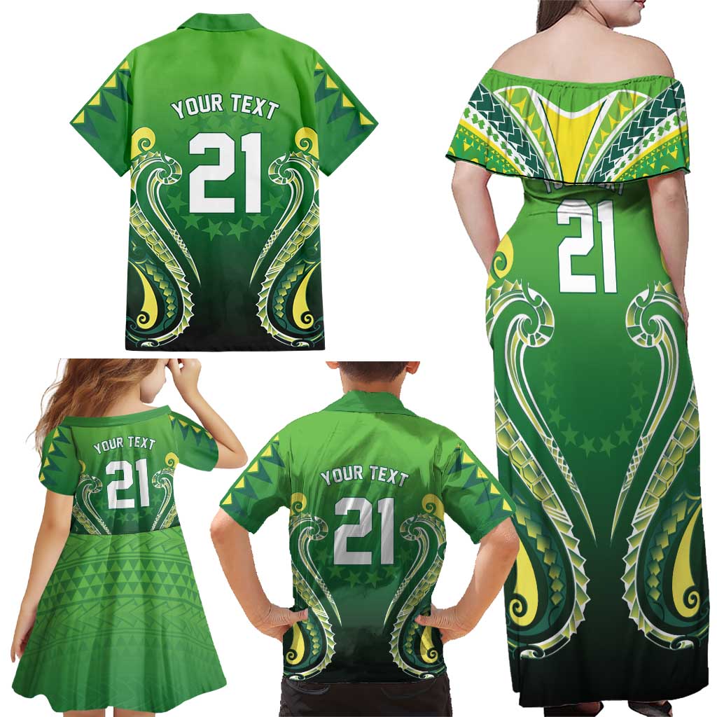 Custom Rugby Cook Islands Avaiki Family Matching Off Shoulder Maxi Dress and Hawaiian Shirt Green Kuki Airani Tribal Maori Inspired LT9 - Polynesian Pride