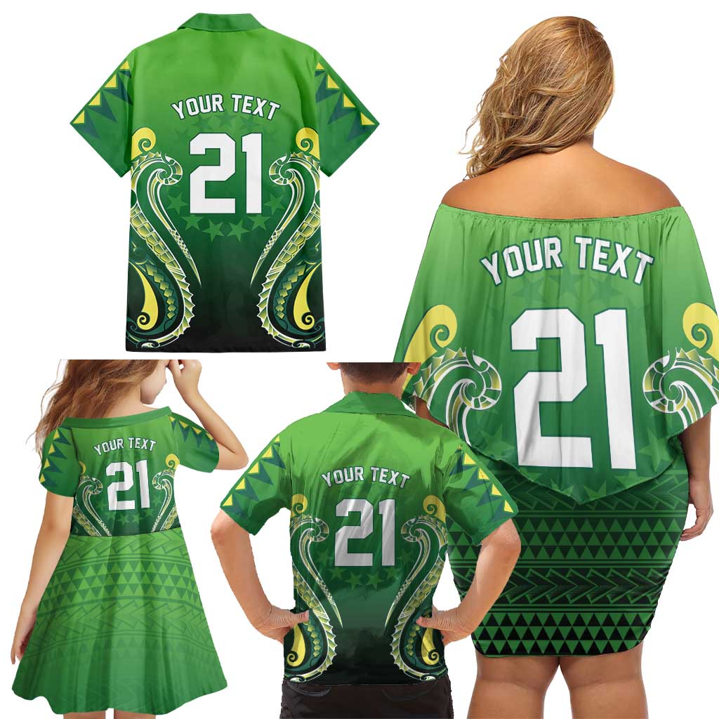 Custom Rugby Cook Islands Avaiki Family Matching Off Shoulder Short Dress and Hawaiian Shirt Green Kuki Airani Tribal Maori Inspired LT9 - Polynesian Pride