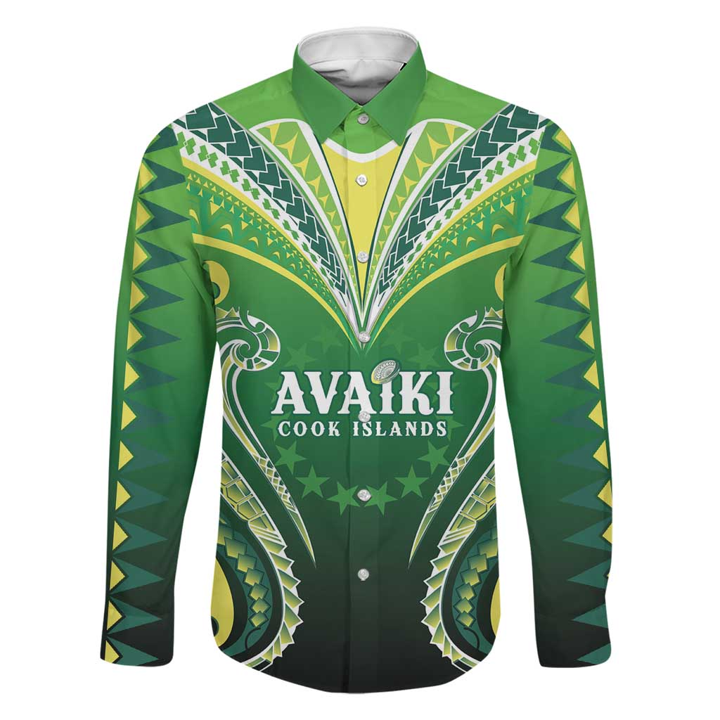 Custom Rugby Cook Islands Avaiki Family Matching Puletasi and Hawaiian Shirt Green Kuki Airani Tribal Maori Inspired LT9 Dad's Shirt - Long Sleeve Green - Polynesian Pride