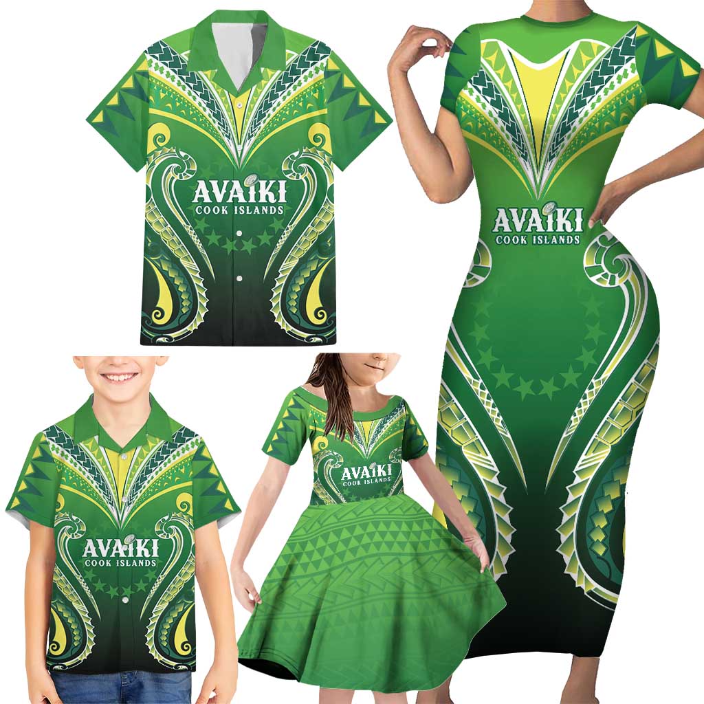Custom Rugby Cook Islands Avaiki Family Matching Short Sleeve Bodycon Dress and Hawaiian Shirt Green Kuki Airani Tribal Maori Inspired LT9 - Polynesian Pride
