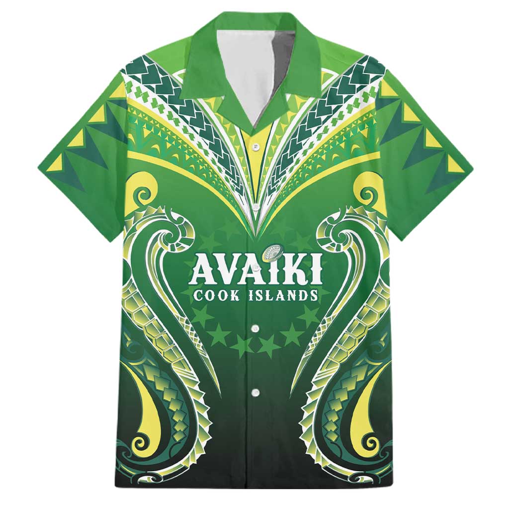 Custom Rugby Cook Islands Avaiki Family Matching Short Sleeve Bodycon Dress and Hawaiian Shirt Green Kuki Airani Tribal Maori Inspired LT9 Dad's Shirt - Short Sleeve Green - Polynesian Pride