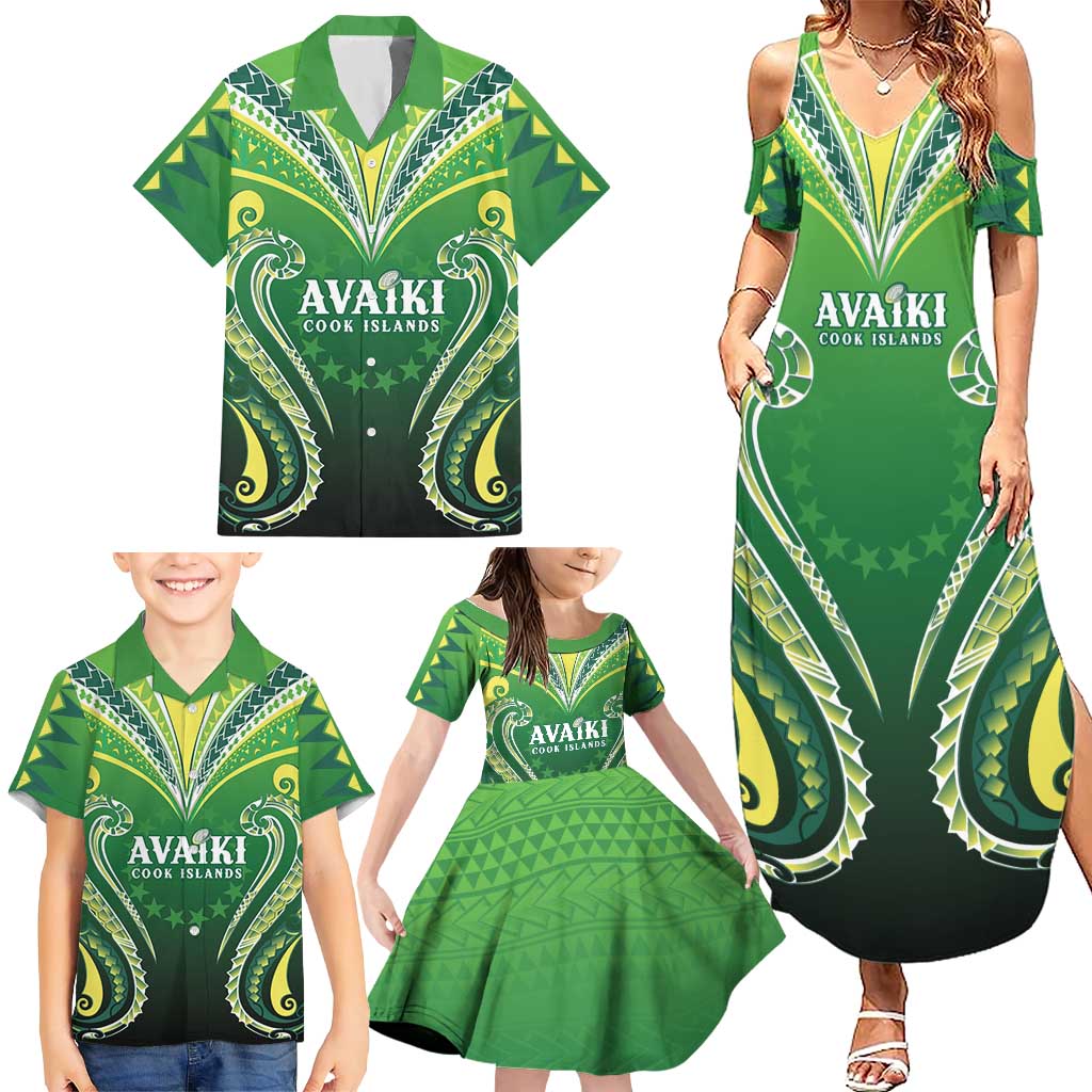 Custom Rugby Cook Islands Avaiki Family Matching Summer Maxi Dress and Hawaiian Shirt Green Kuki Airani Tribal Maori Inspired LT9 - Polynesian Pride