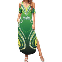 Custom Rugby Cook Islands Avaiki Family Matching Summer Maxi Dress and Hawaiian Shirt Green Kuki Airani Tribal Maori Inspired LT9 Mom's Dress Green - Polynesian Pride
