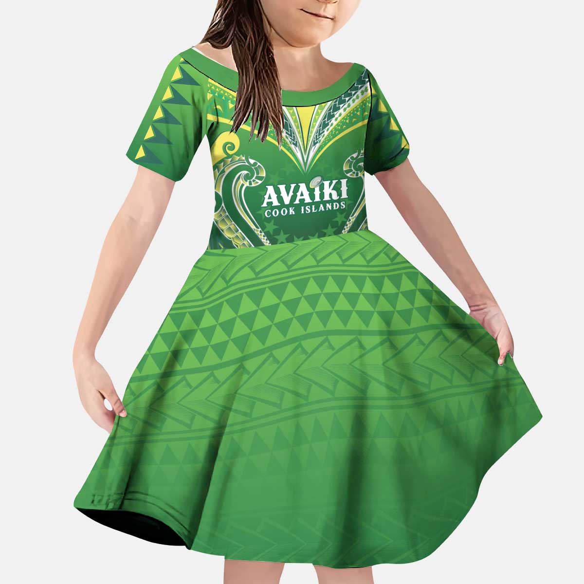 Custom Rugby Cook Islands Avaiki Kid Short Sleeve Dress Green Kuki Airani Tribal Maori Inspired - Polynesian Pride