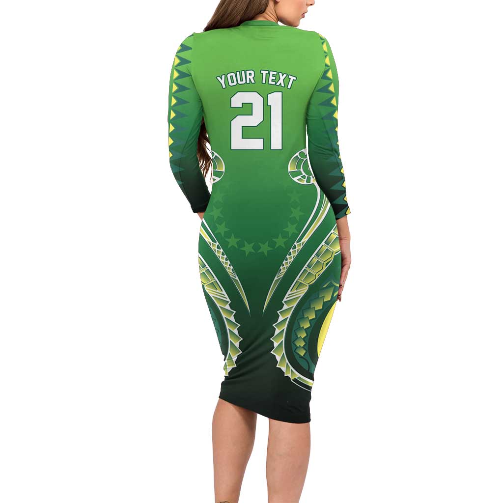 Custom Rugby Cook Islands Avaiki Long Sleeve Bodycon Dress Green Kuki Airani Tribal Maori Inspired LT9 - Polynesian Pride