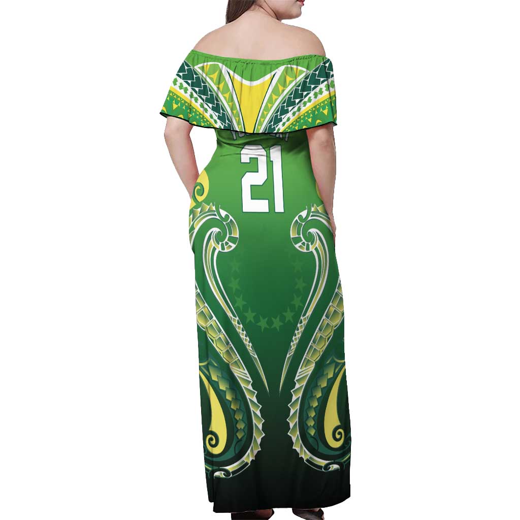 Custom Rugby Cook Islands Avaiki Off Shoulder Maxi Dress Green Kuki Airani Tribal Maori Inspired - Polynesian Pride