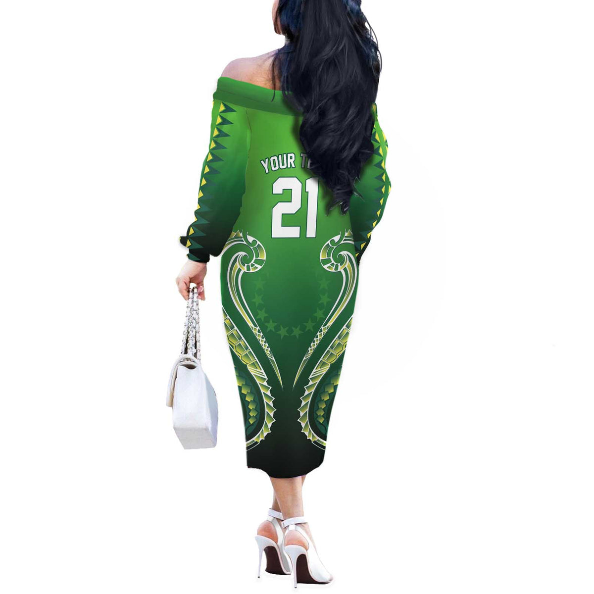 Custom Rugby Cook Islands Avaiki Off The Shoulder Long Sleeve Dress Green Kuki Airani Tribal Maori Inspired LT9 - Polynesian Pride