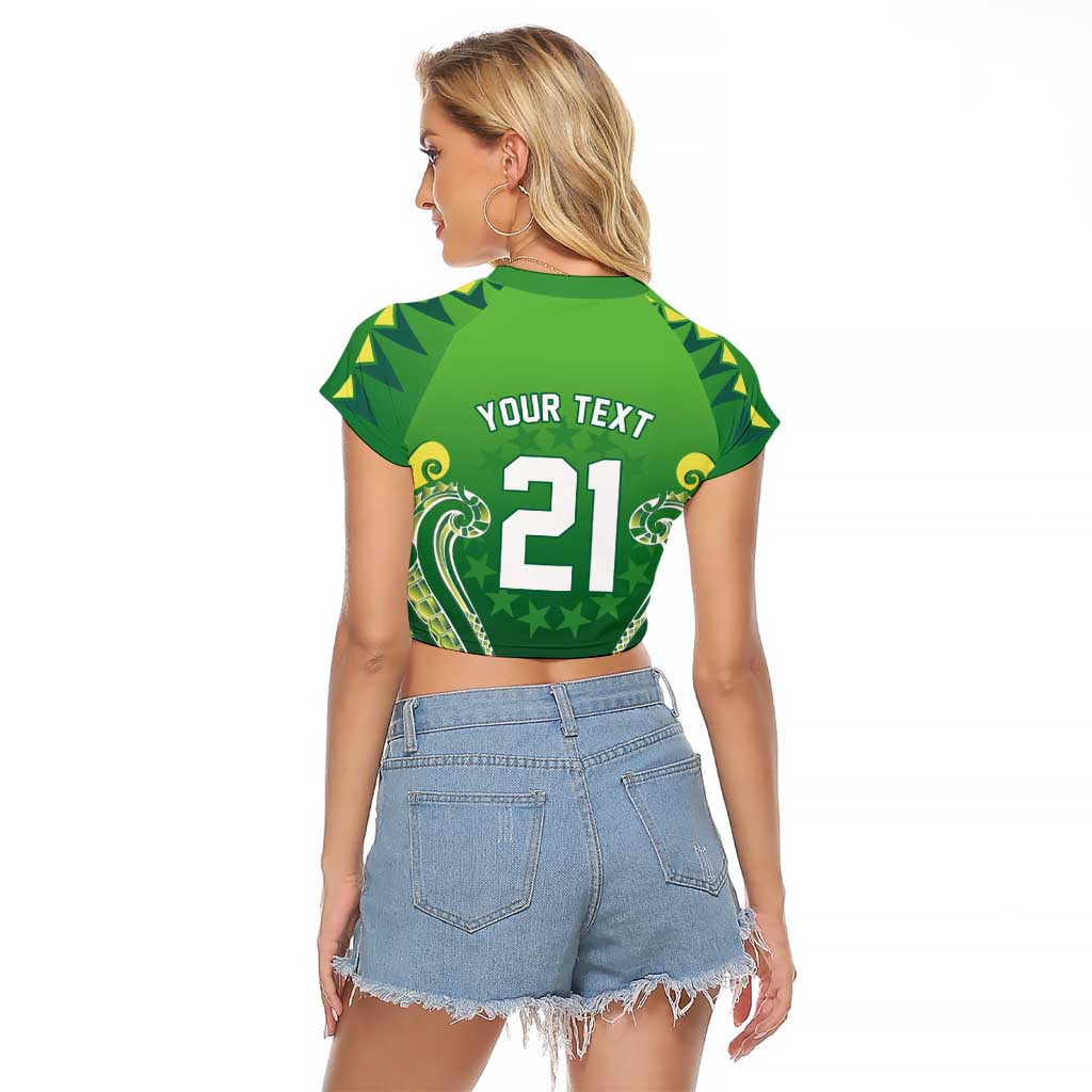 Custom Rugby Cook Islands Avaiki Raglan Cropped T Shirt Green Kuki Airani Tribal Maori Inspired - Polynesian Pride