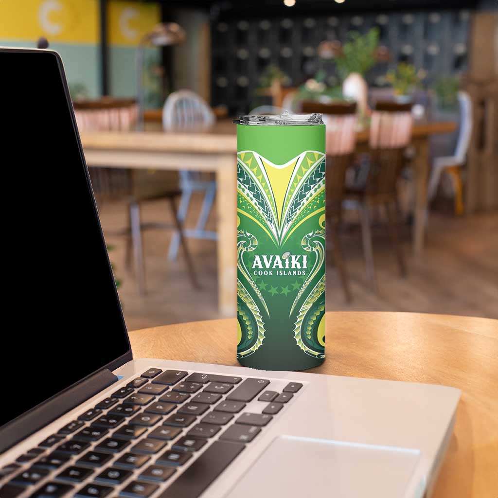 Custom Rugby Cook Islands Avaiki Skinny Tumbler Green Kuki Airani Tribal Maori Inspired LT9 - Polynesian Pride