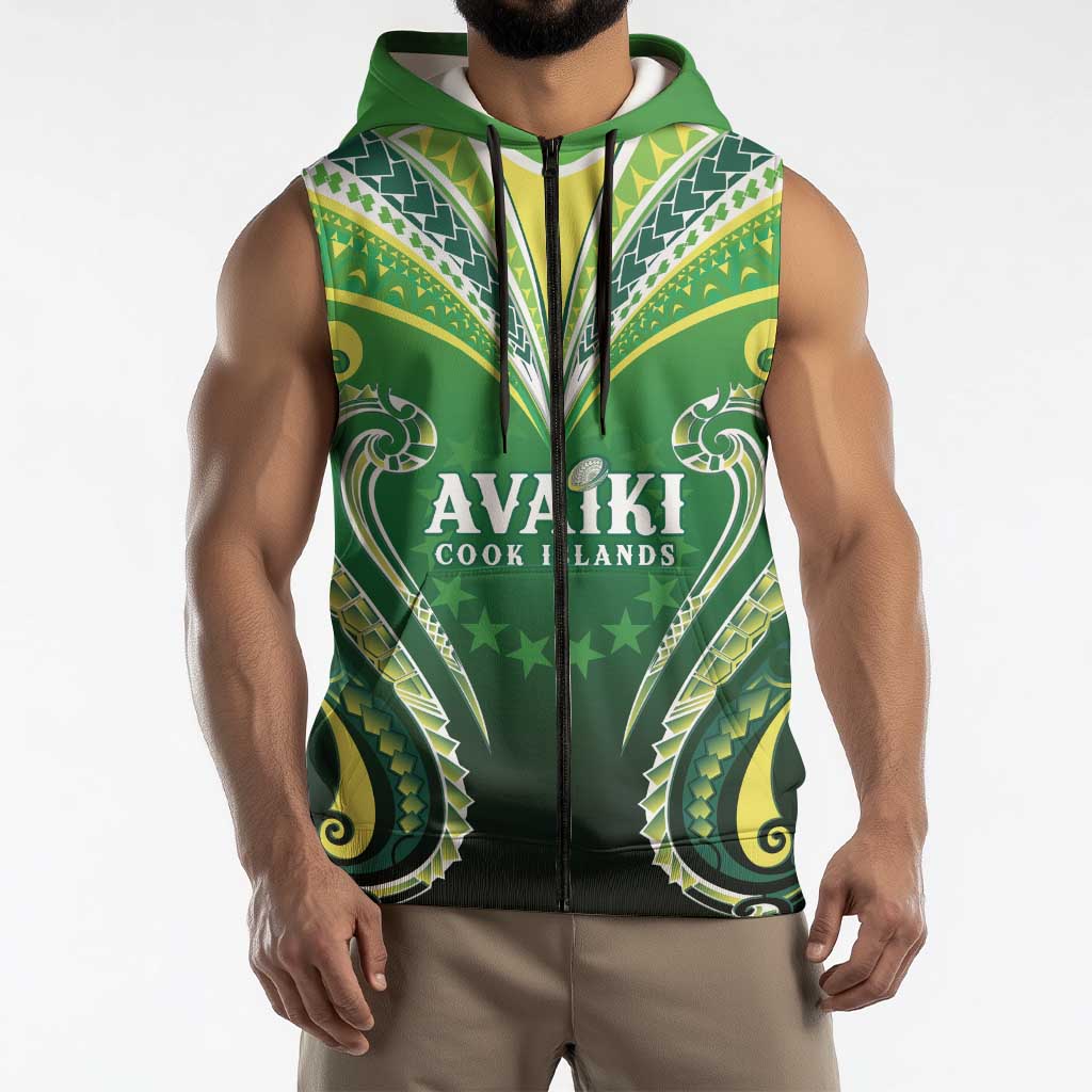 Custom Rugby Cook Islands Avaiki Sleeveless Zip Hoodie Green Kuki Airani Tribal Maori Inspired LT9 - Polynesian Pride
