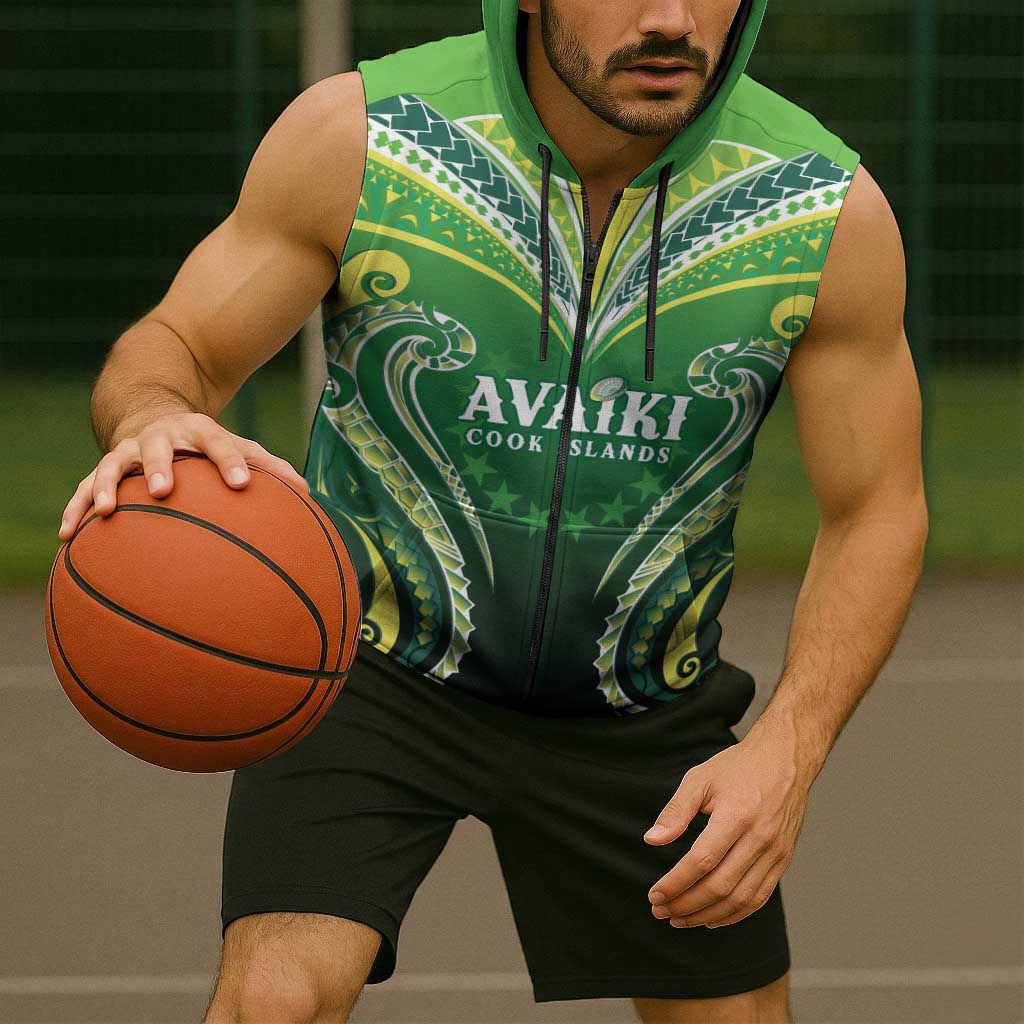 Custom Rugby Cook Islands Avaiki Sleeveless Zip Hoodie Green Kuki Airani Tribal Maori Inspired LT9 - Polynesian Pride